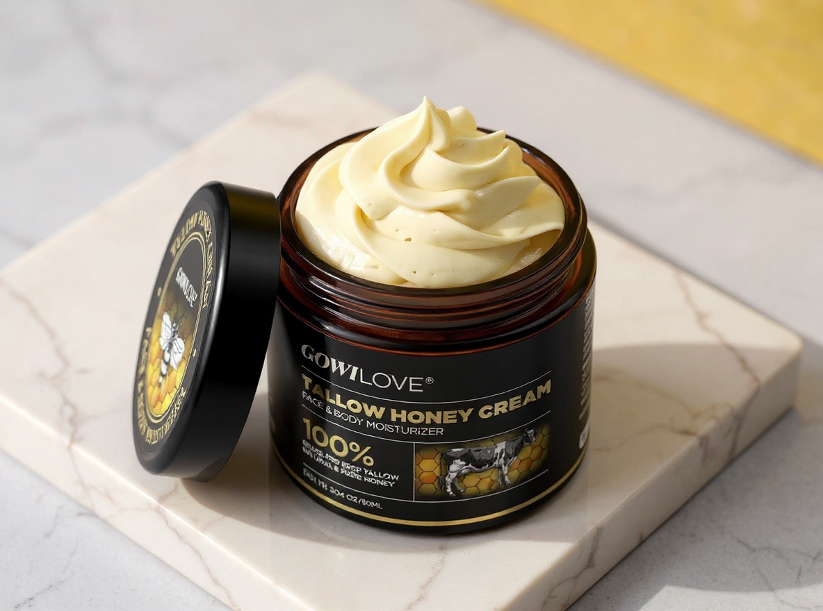 Clear glass jar of beef tallow and honey face cream on white marble with natural morning light