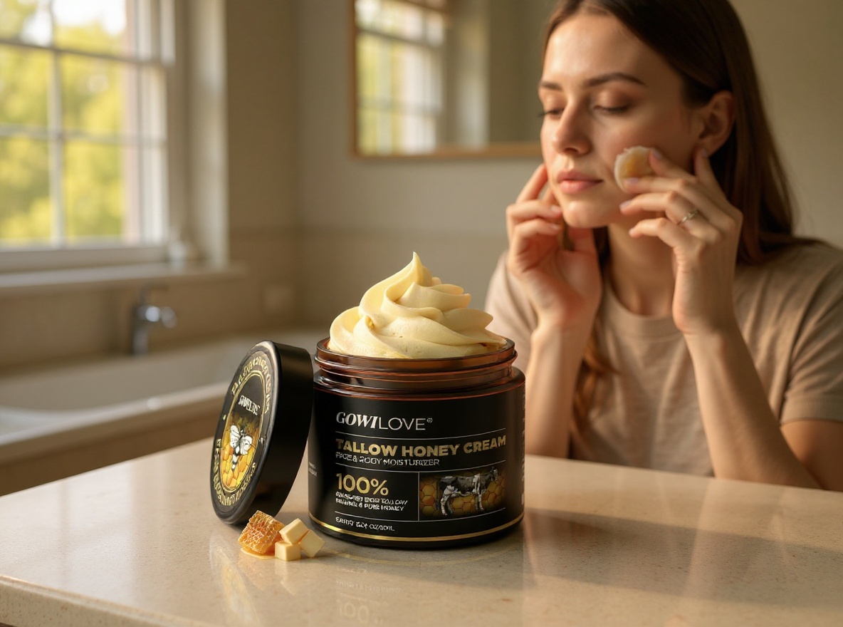 Woman applying beef tallow honey cream to face in bathroom mirror with warm afternoon lighting