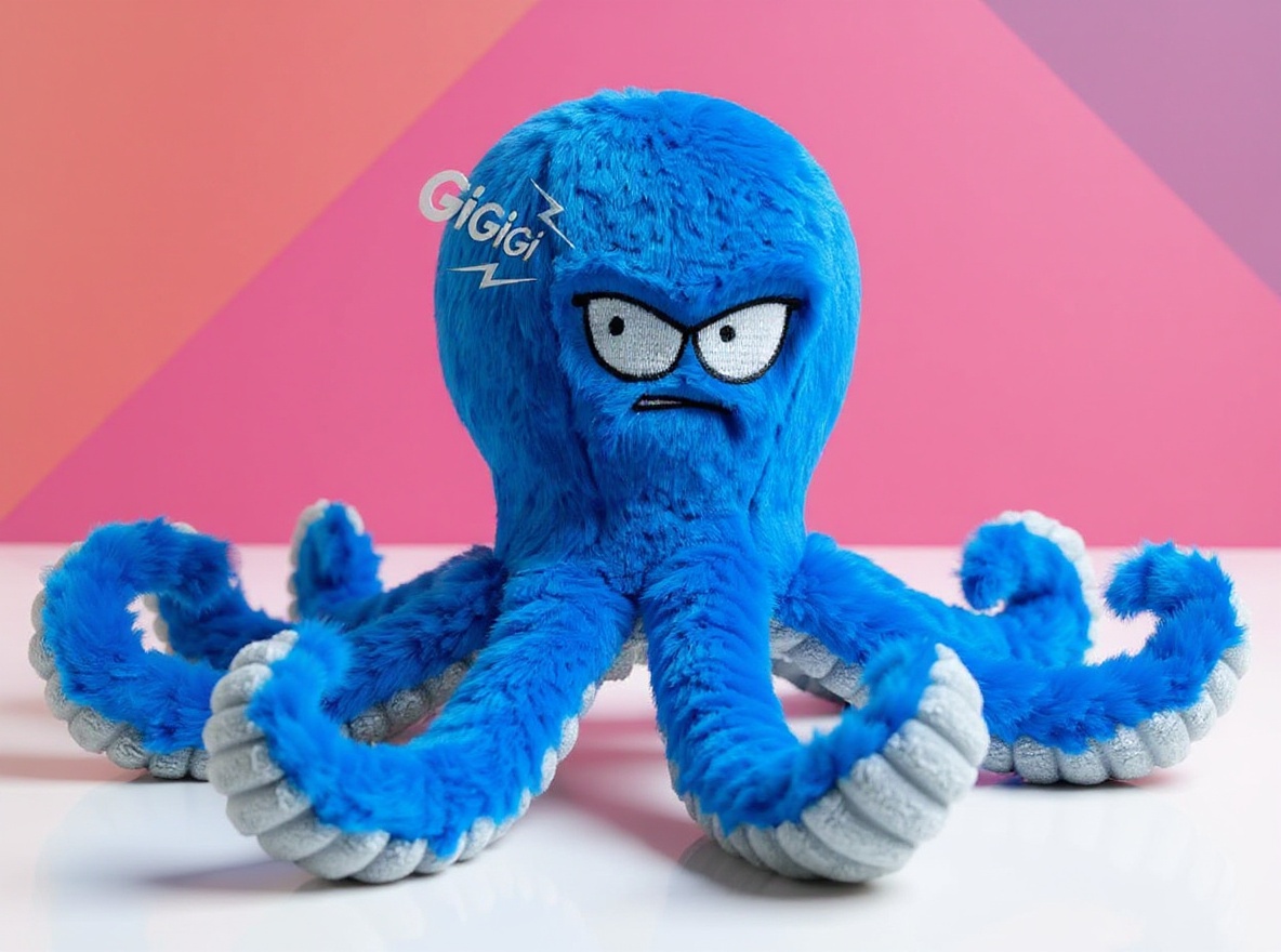 Blue octopus dog toy displayed flat on white surface in natural light, showing squeaker and crinkle details