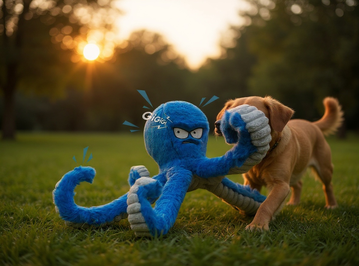 Large dog pulling on blue octopus toy during outdoor tug-of-war game in grass, demonstrating interactive play