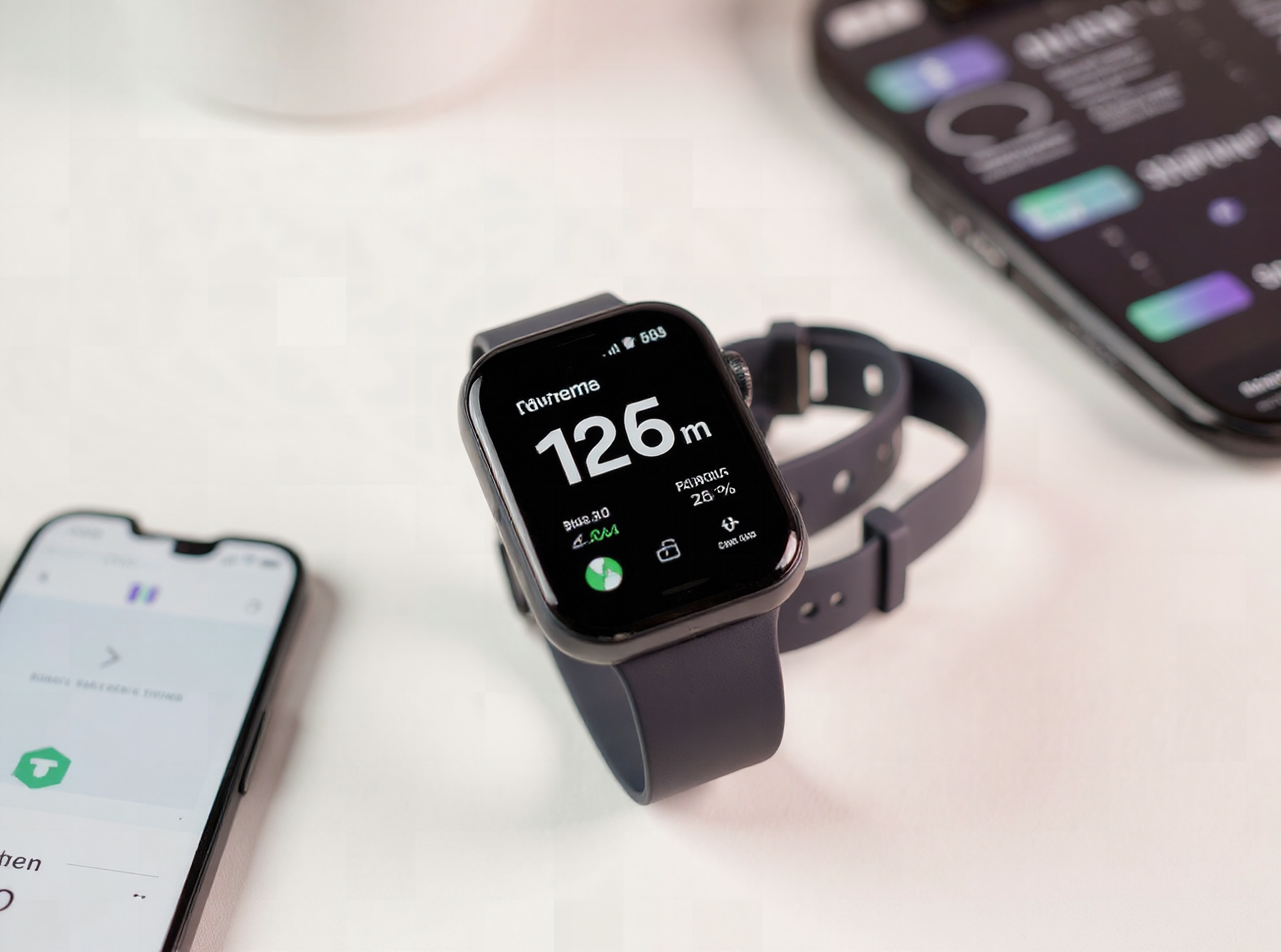 Budget smartwatch displaying fitness data on screen next to smartphone on white desk in daylight
