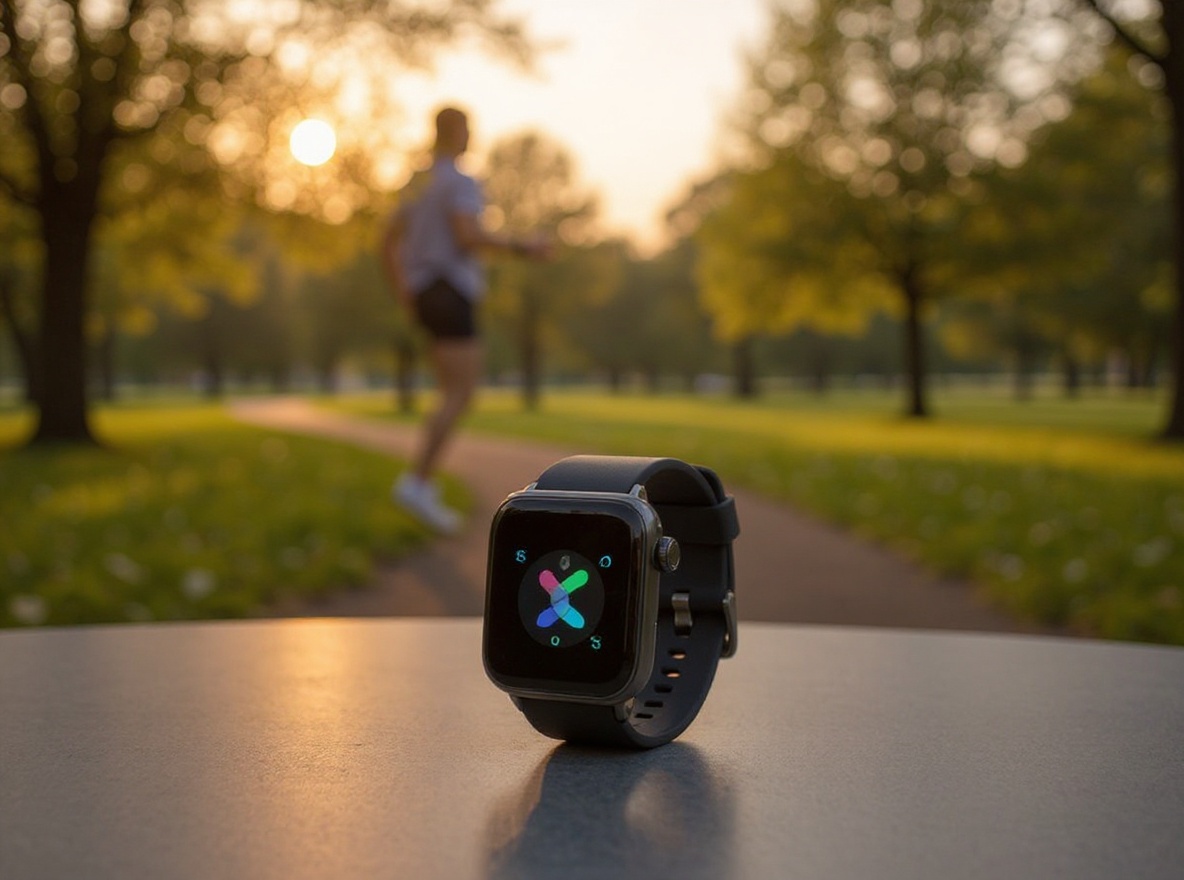 Person wearing budget smartwatch on wrist while jogging outdoors at sunrise in a park