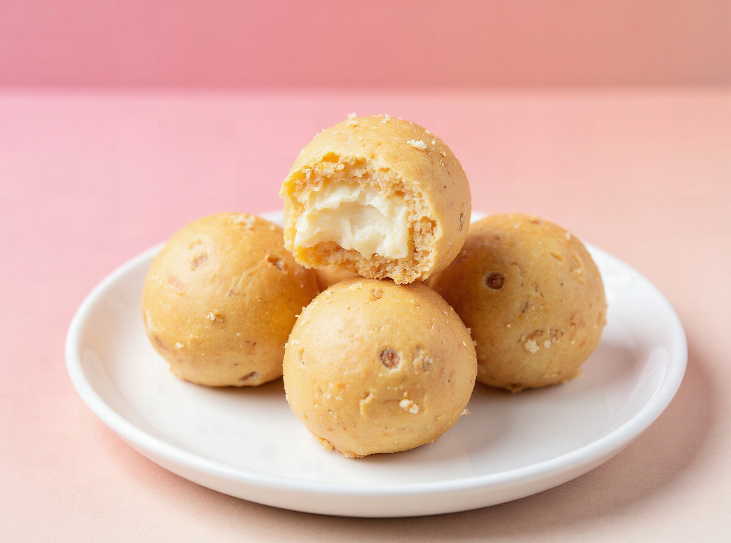 Three freeze-dried cheesecake bites on a white plate, overhead close-up view in natural light