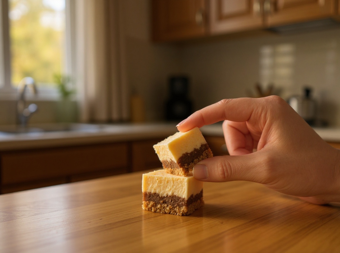 Hand holding one freeze-dried cheesecake bite in a sunlit kitchen, side angle view