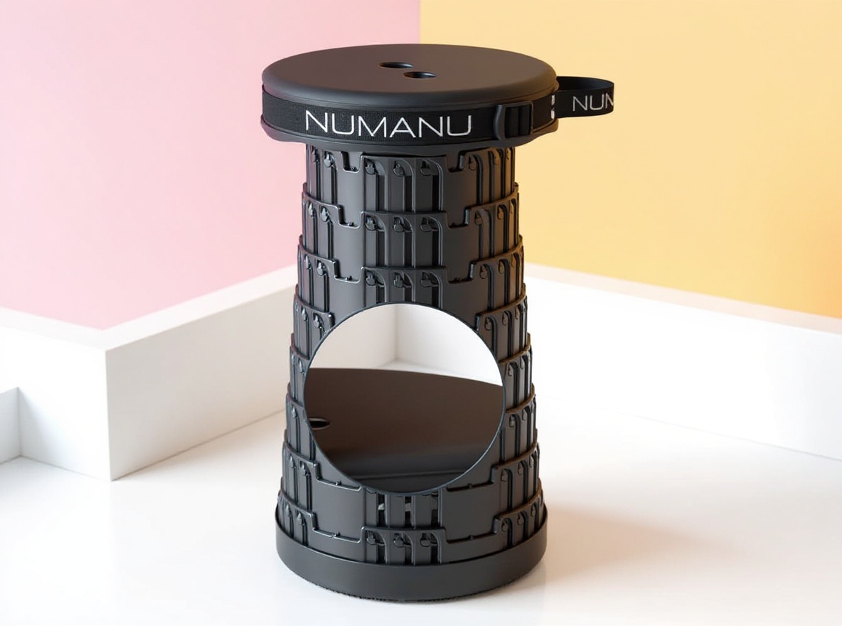 Padded collapsible stool fully extended with visible cushioned seat and telescopic frame on white background