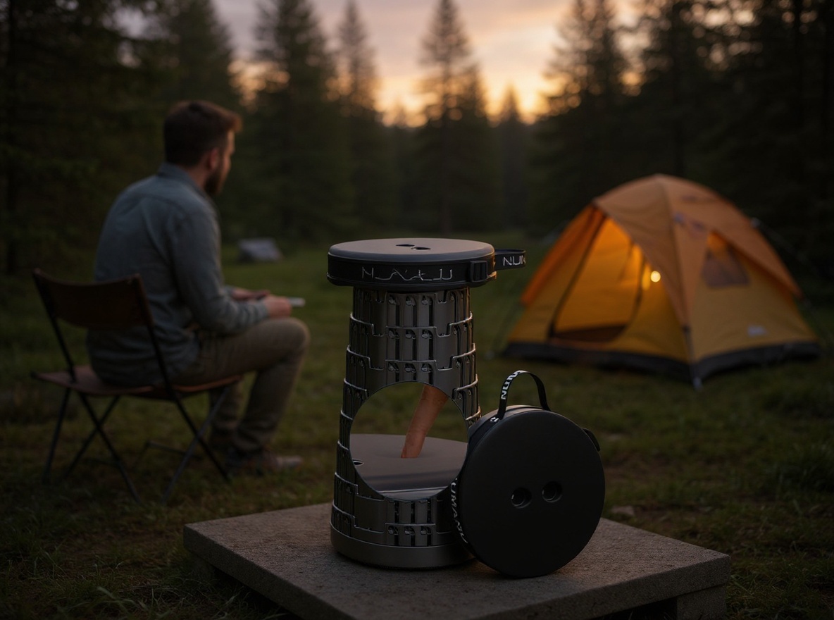 Person using collapsed stool as portable seat at campsite during outdoor camping at sunset