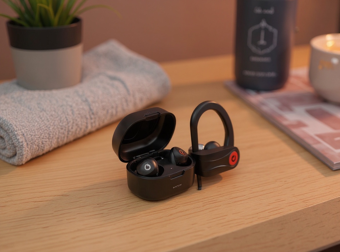Otium earbuds charging case open with buds inside, styled with gym accessories on wooden desk