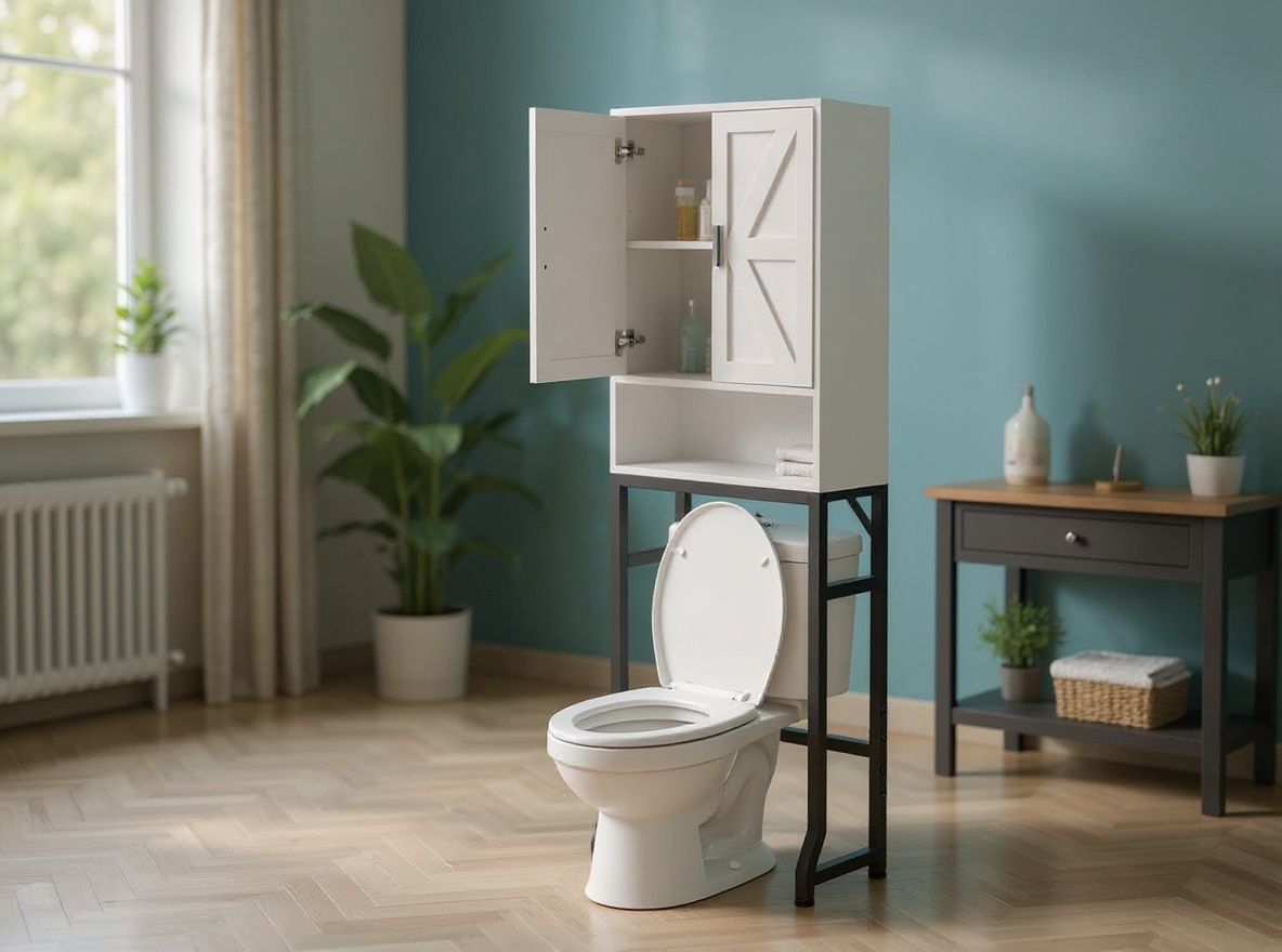 Over-toilet storage cabinet installed above toilet in bathroom with open barn doors displaying neatly organized items on shelves