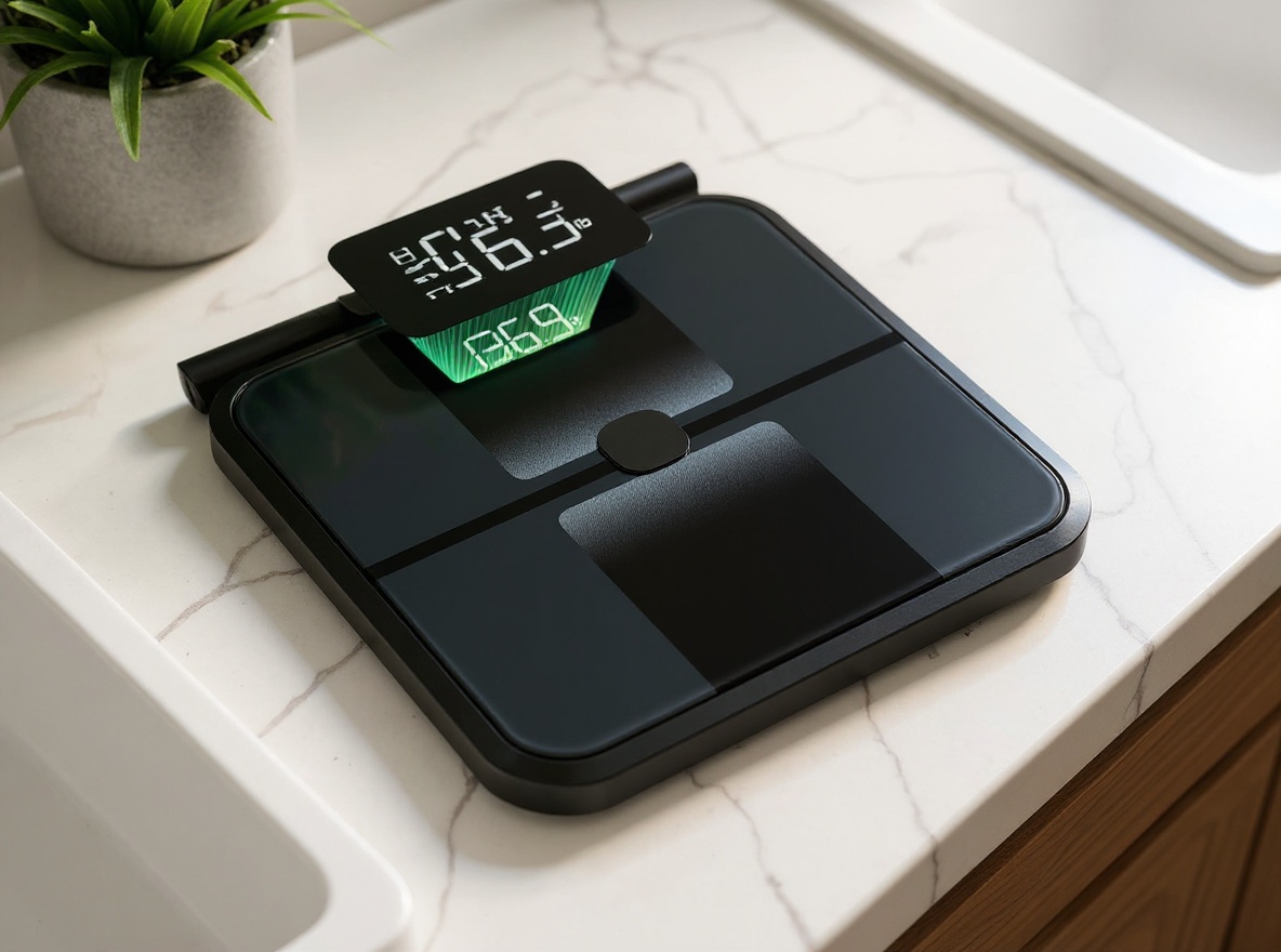 RunStar Smart Scale for Body Weight, Full-Body Bathroom Scale with 8 Electrodes for BMI, Muscle Mass, 3-Metric Display, High-Accuracy Body Composition Monitor with 28 Metrics & App Connectivity Black — close-up detail shot
