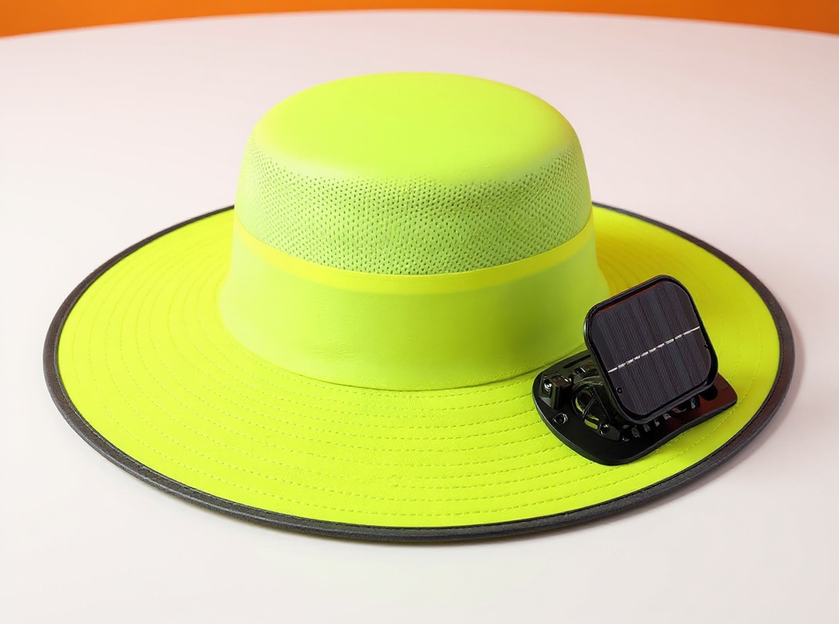 Solar hat with removable dual fans shown from above on white surface, displaying front-mounted cooling fans and USB charging port