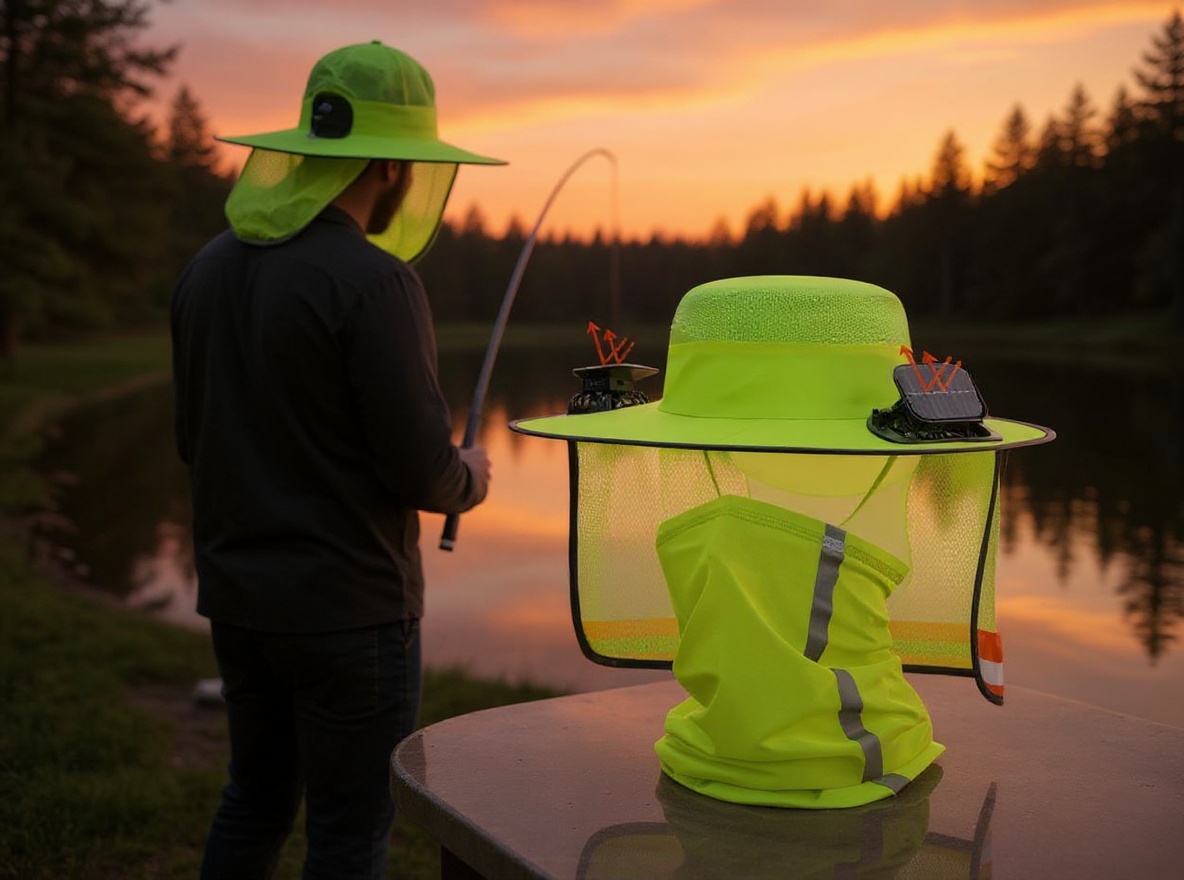 Angler wearing wide-brim solar hat with active fans during outdoor fishing at sunset, neck cover in use