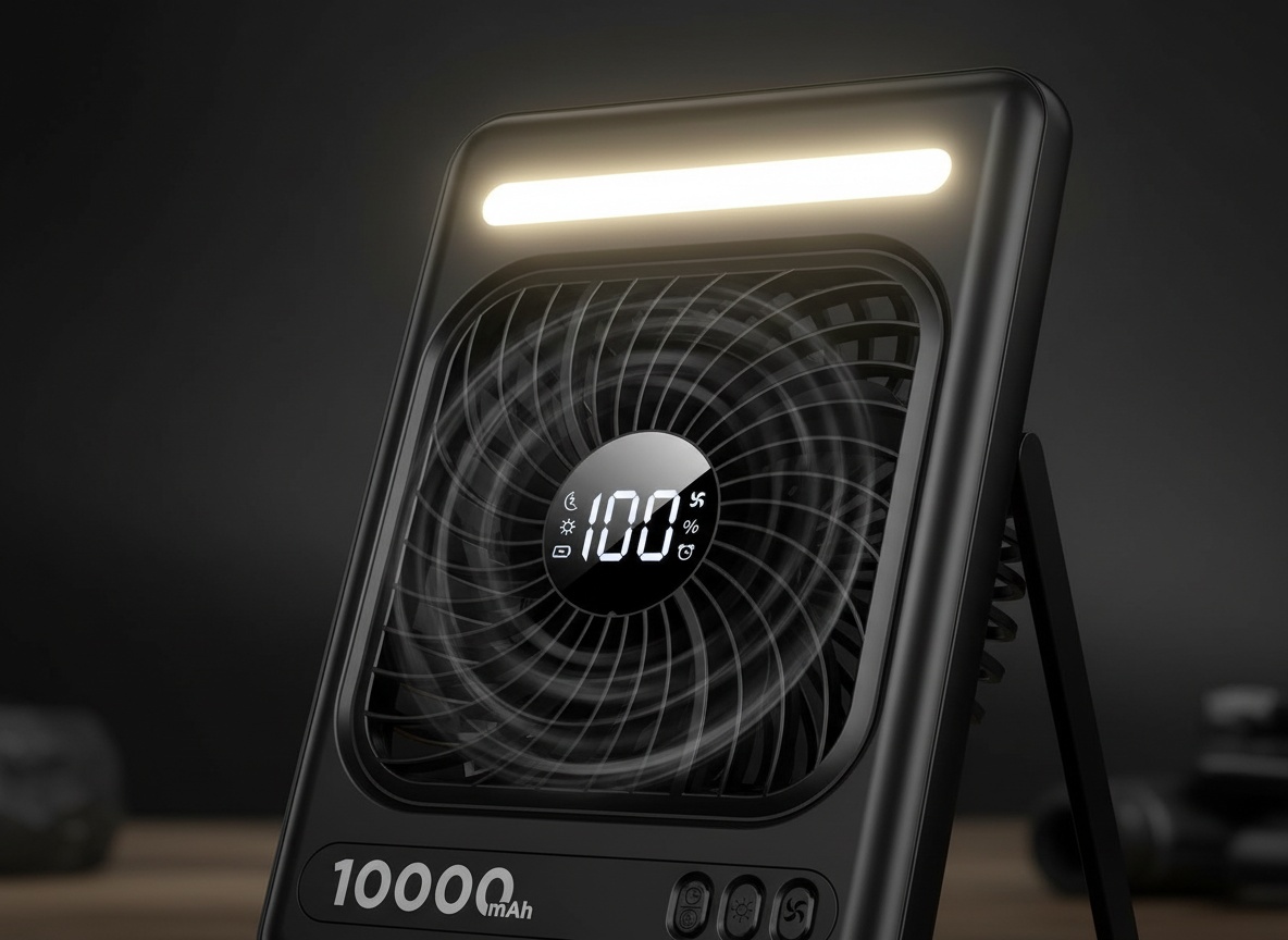 Close-up of portable travel fan's glowing LED lantern feature on top, warm white light visible