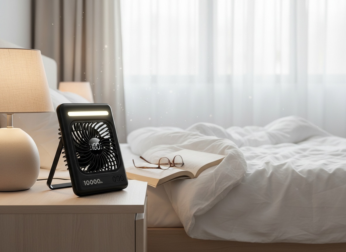 Portable travel fan sitting on a bedroom nightstand near a lamp and book, natural window light in background