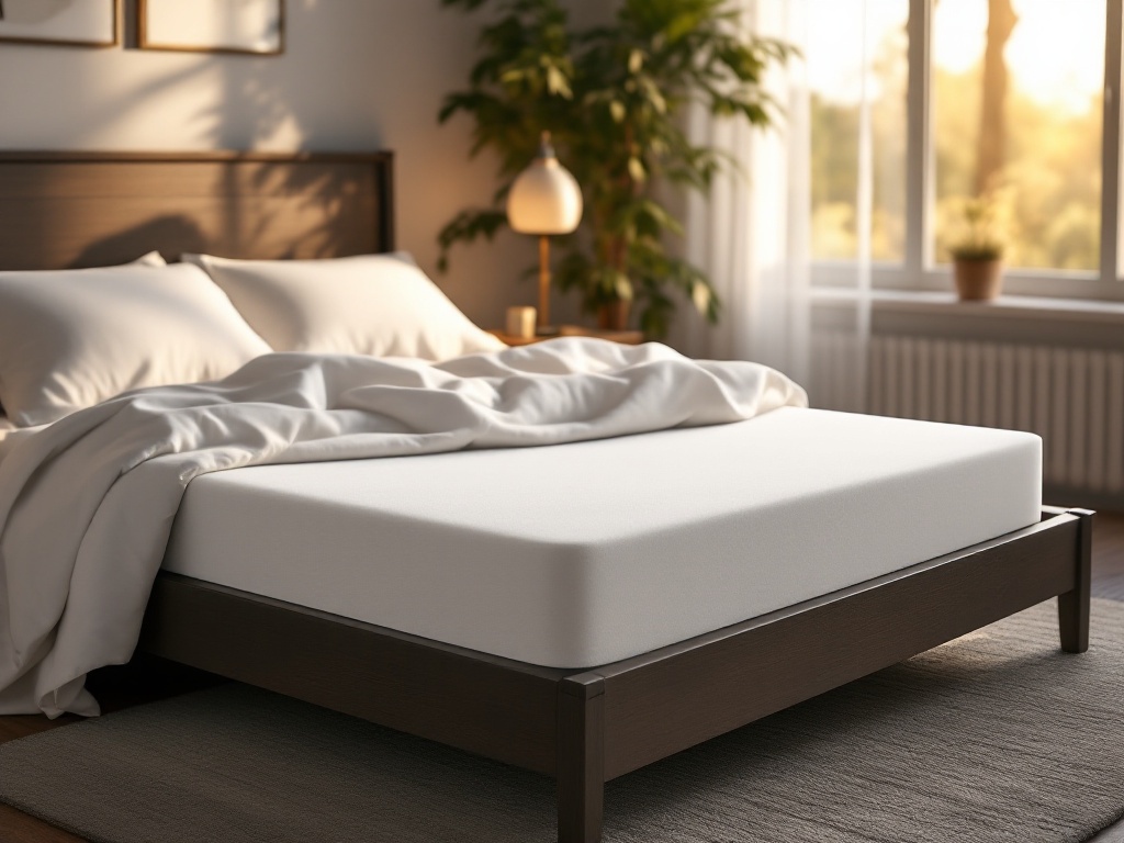 King memory foam mattress on wooden bed frame with white sheets in morning-lit bedroom
