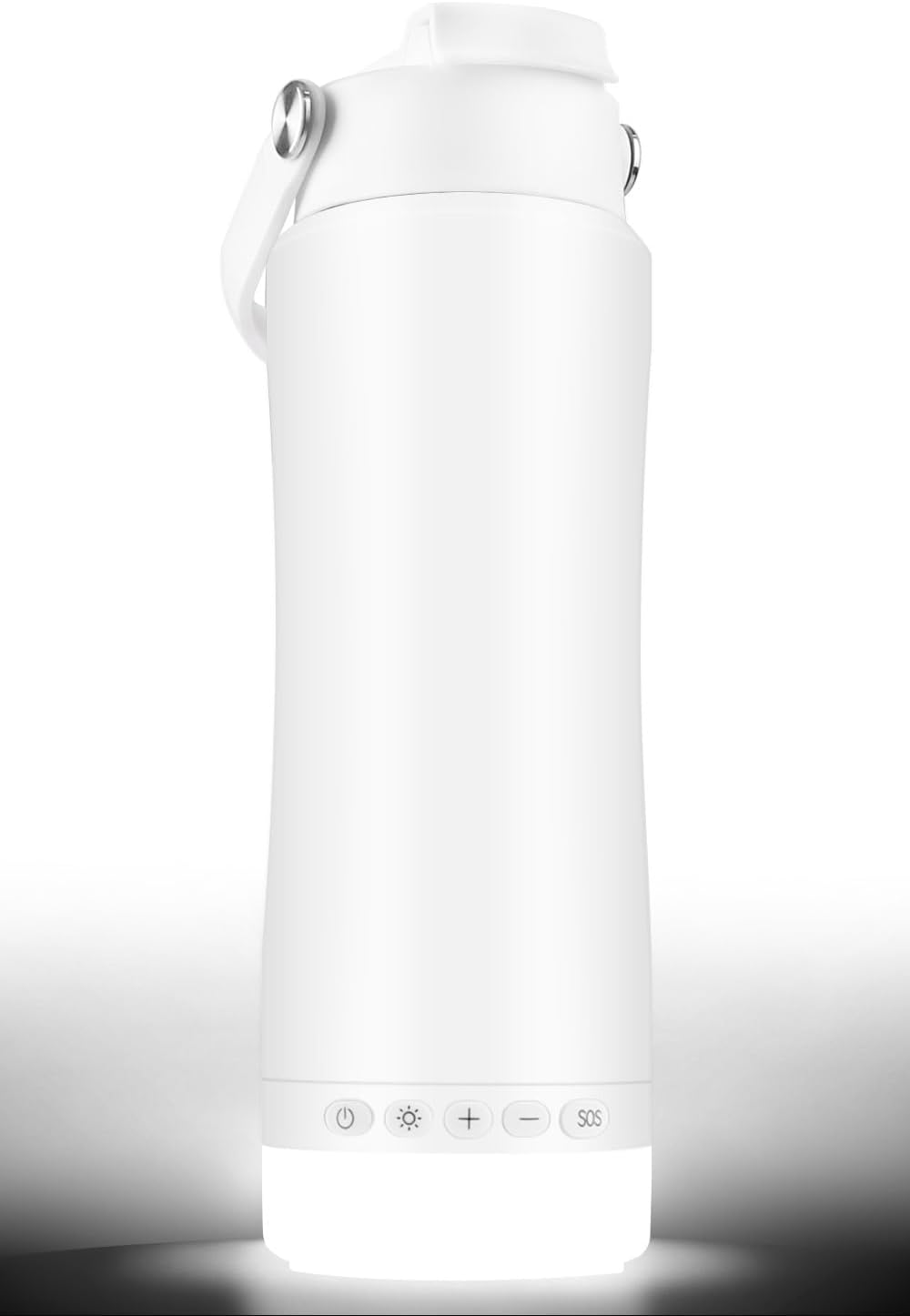 Close-up of insulated water bottle lid and handle with stainless steel detail and texture