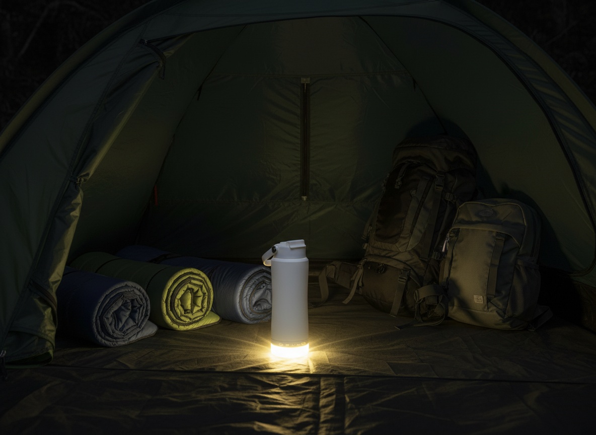 Illuminated lantern bottle casting warm light inside a camping tent with gear around it
