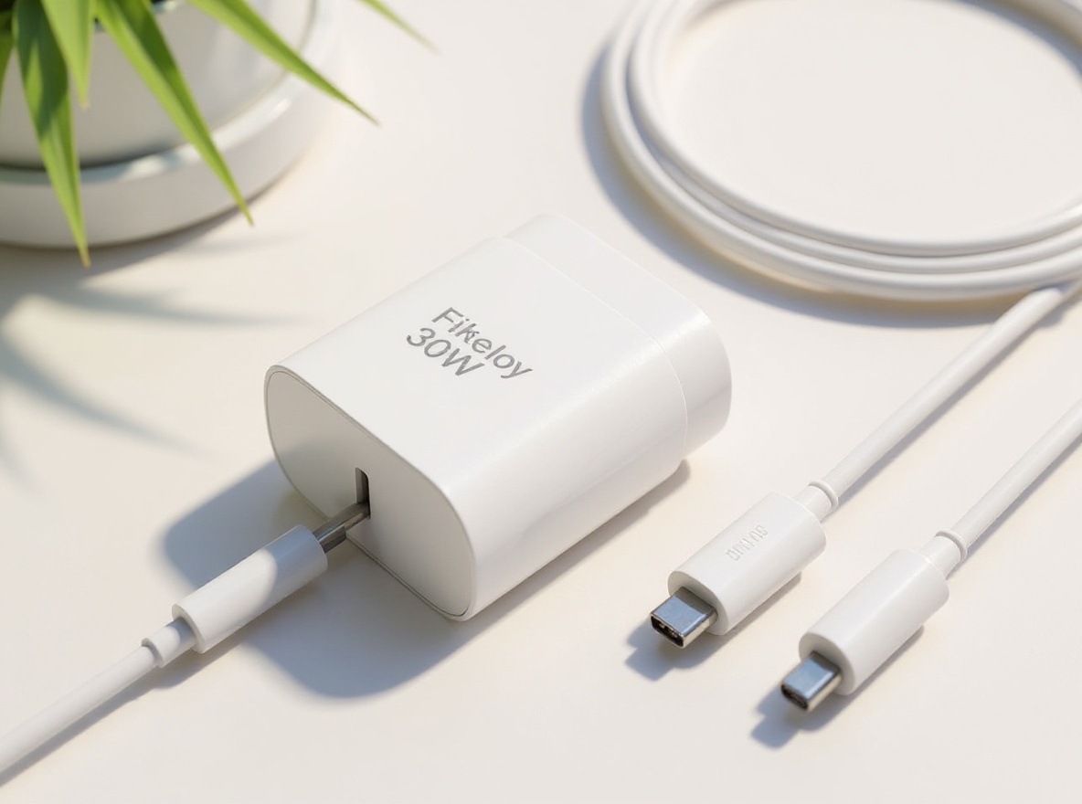 30W USB-C charger with three coiled cables of varying lengths displayed overhead on a white desktop