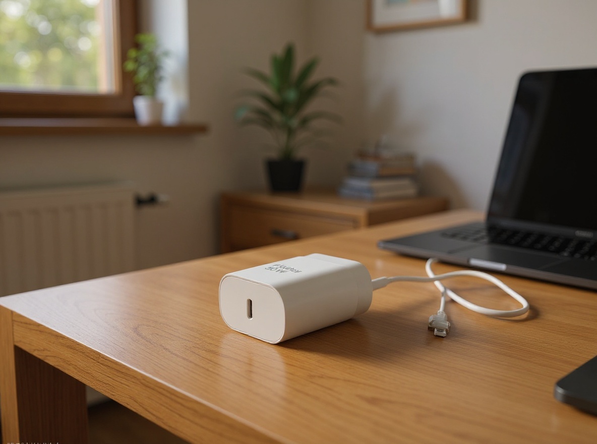 Person connecting iPhone 16 Pro Max to USB-C charger at a desk with natural daylight in background