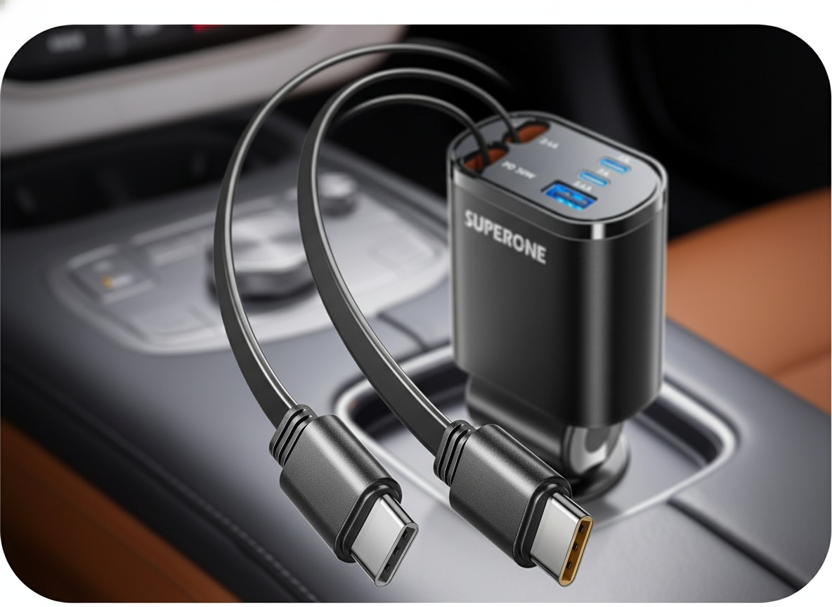 SUPERONE 90W car charger with retractable Type-C cables in extreme close-up detail
