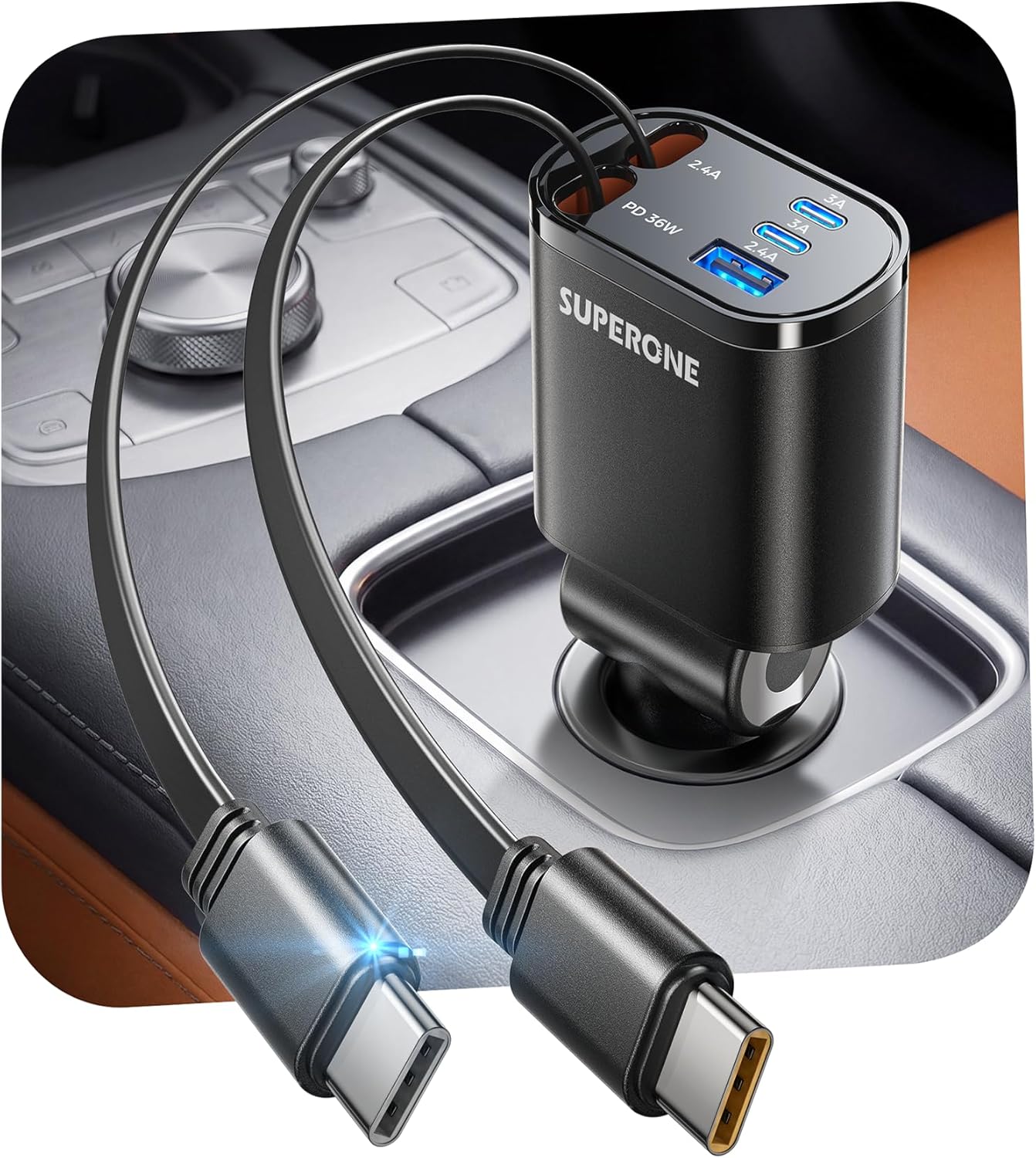 SUPERONE car charger installed in vehicle dashboard socket during daylight driving