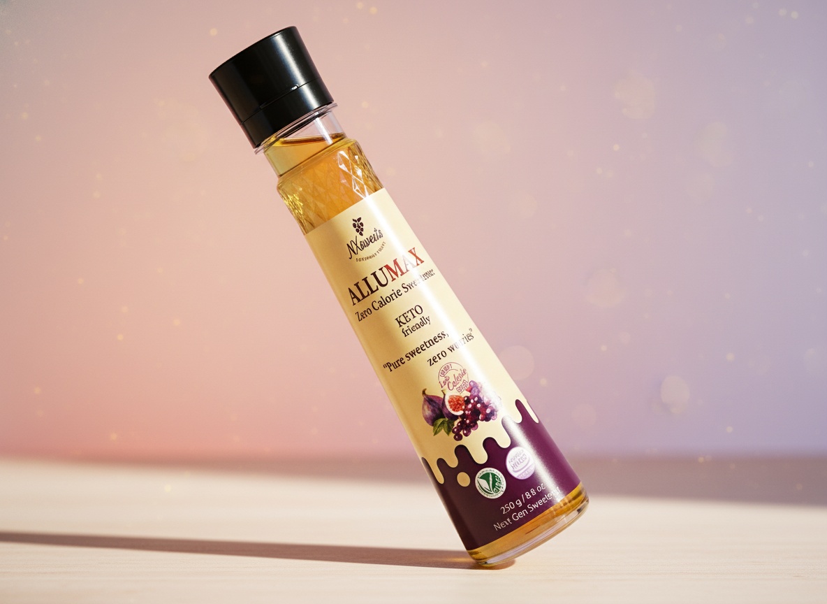 Close-up of NXsweets Allulose Syrup bottle showing golden liquid and label details with backlighting