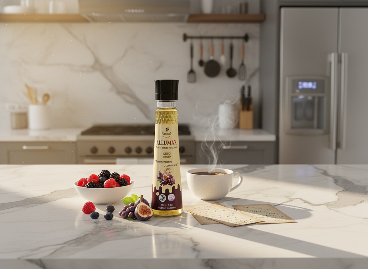 NXsweets Allulose Syrup on a kitchen counter with berries and coffee, ready for cooking preparation