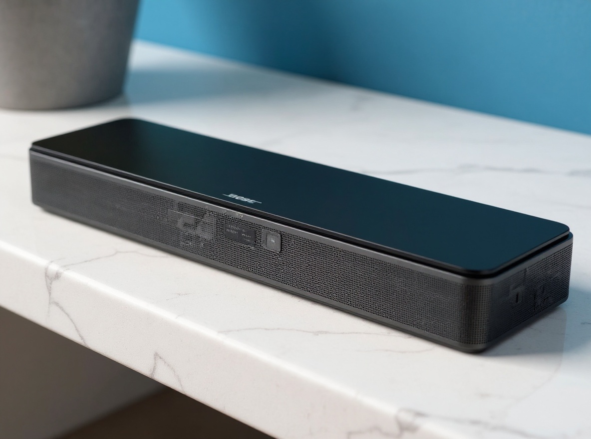 Black Bose TV soundbar sitting on white marble shelf in natural daylight, front-angled view