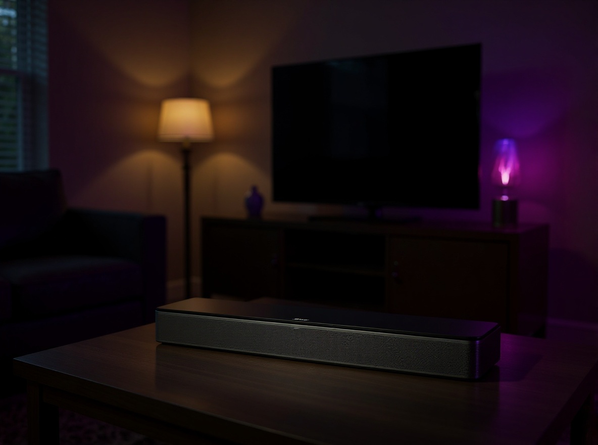 Bose TV soundbar mounted beneath wall TV in living room with warm evening lighting