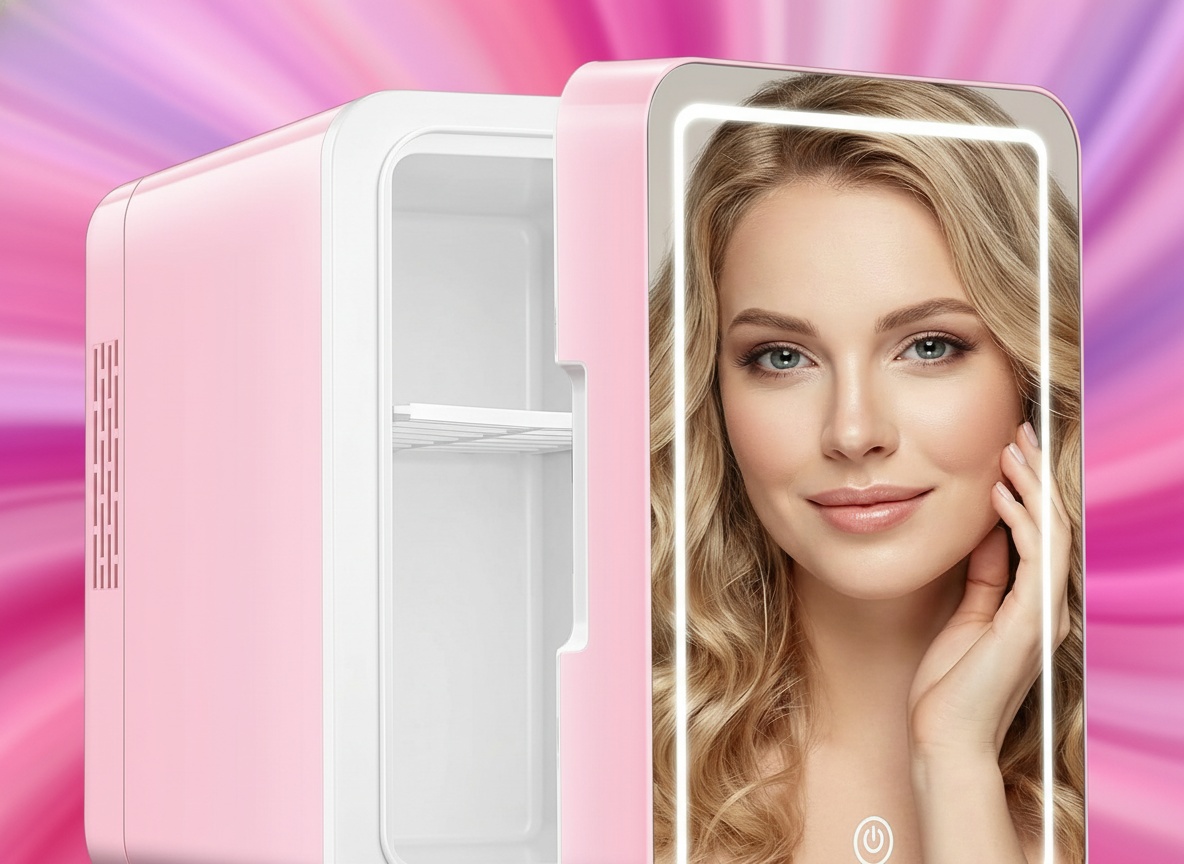 Close-up of the CUTIEWORLD pink fridge's mirrored door surface reflecting light