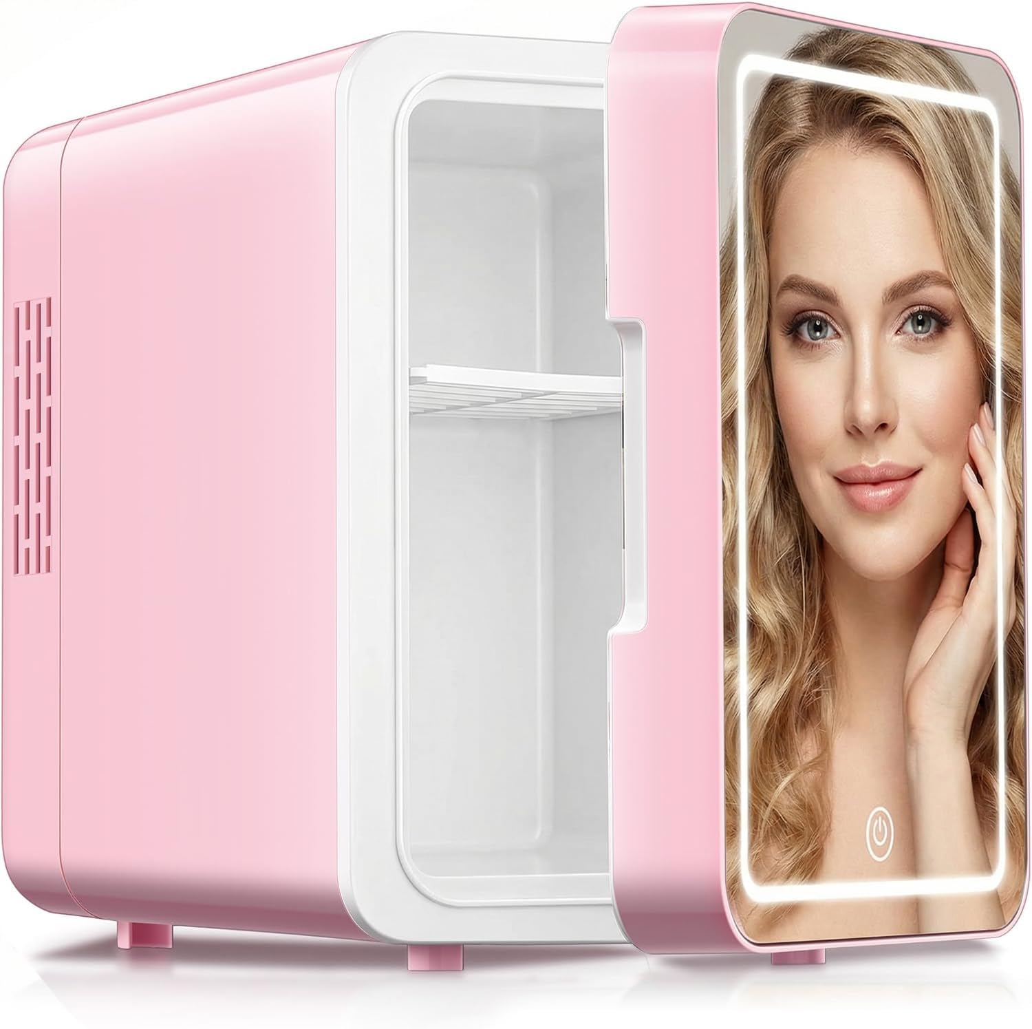 Pink CUTIEWORLD mini fridge on a bedroom dresser with makeup and décor surrounding it
