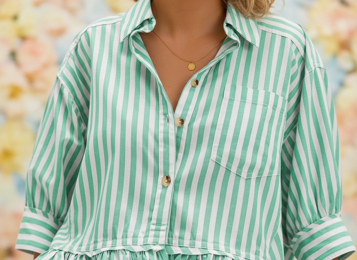 CHYRII Womens Summer Tops Dressy Casual Blouse Top Ruffled Short Sleeve Button Down Striped Shirt: A woman wearing a gre