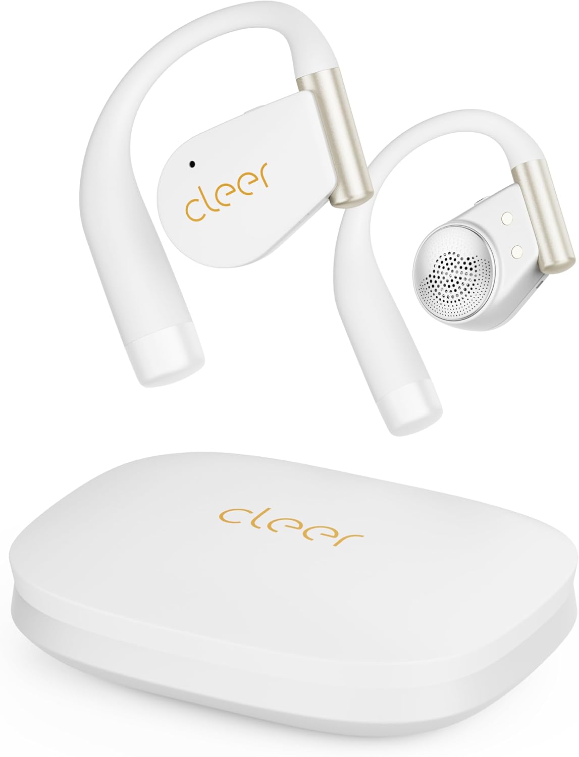 Close-up of white Cleer ARC 4 Plus earbud showing speaker mesh and curved earhook design