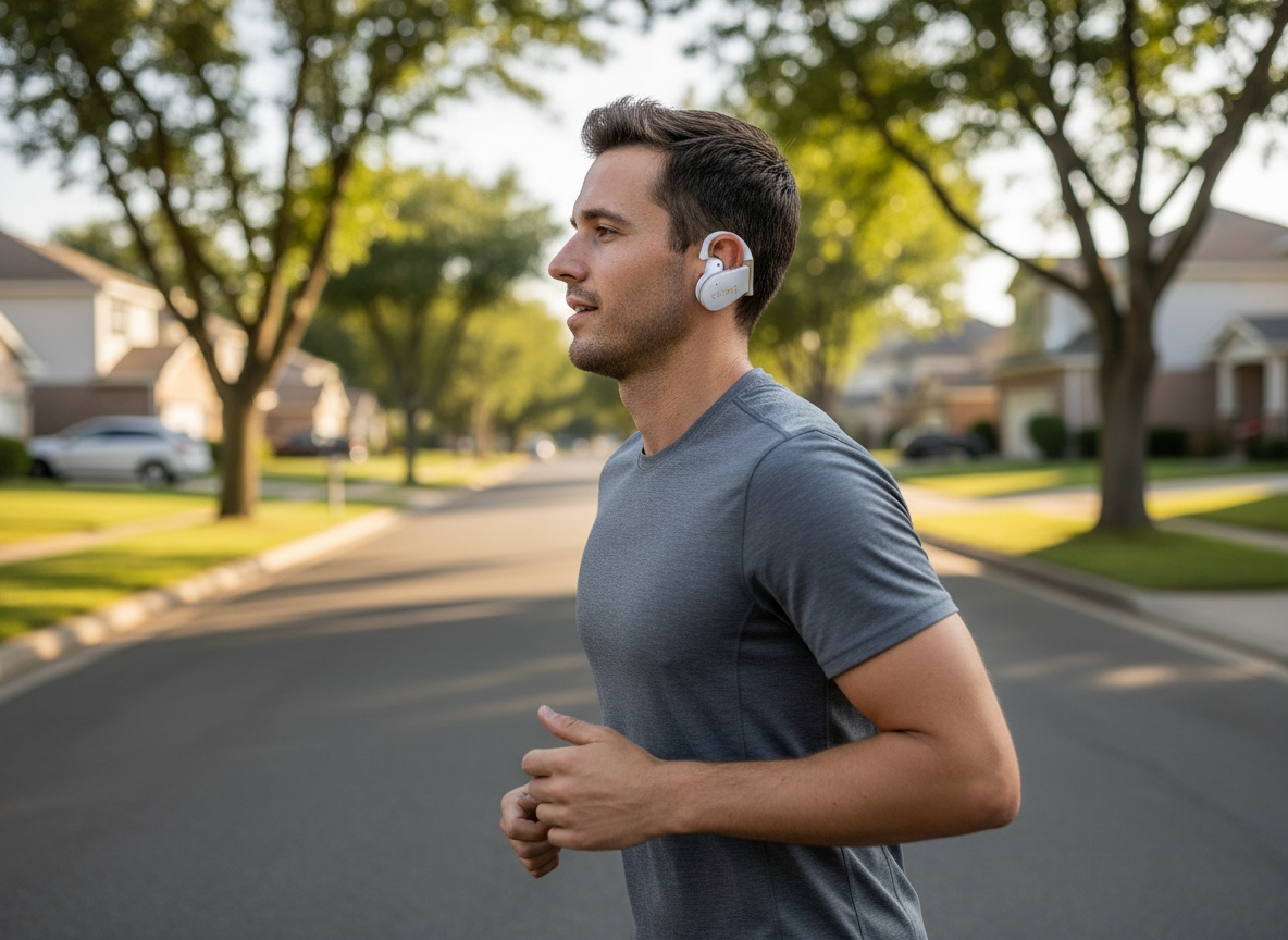 Runner wearing Cleer ARC 4 Plus earbuds during outdoor workout on tree-lined residential street