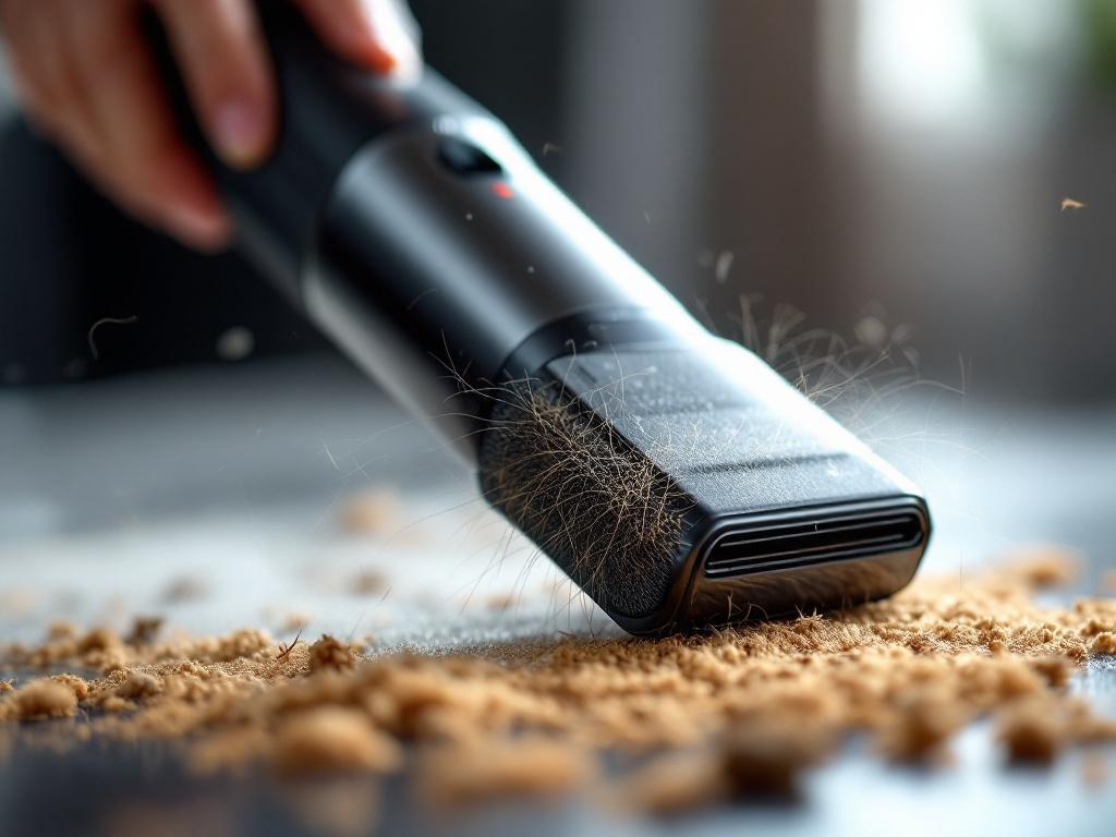Close-up of cordless handheld car vacuum brush head with pet hair trapped in bristles