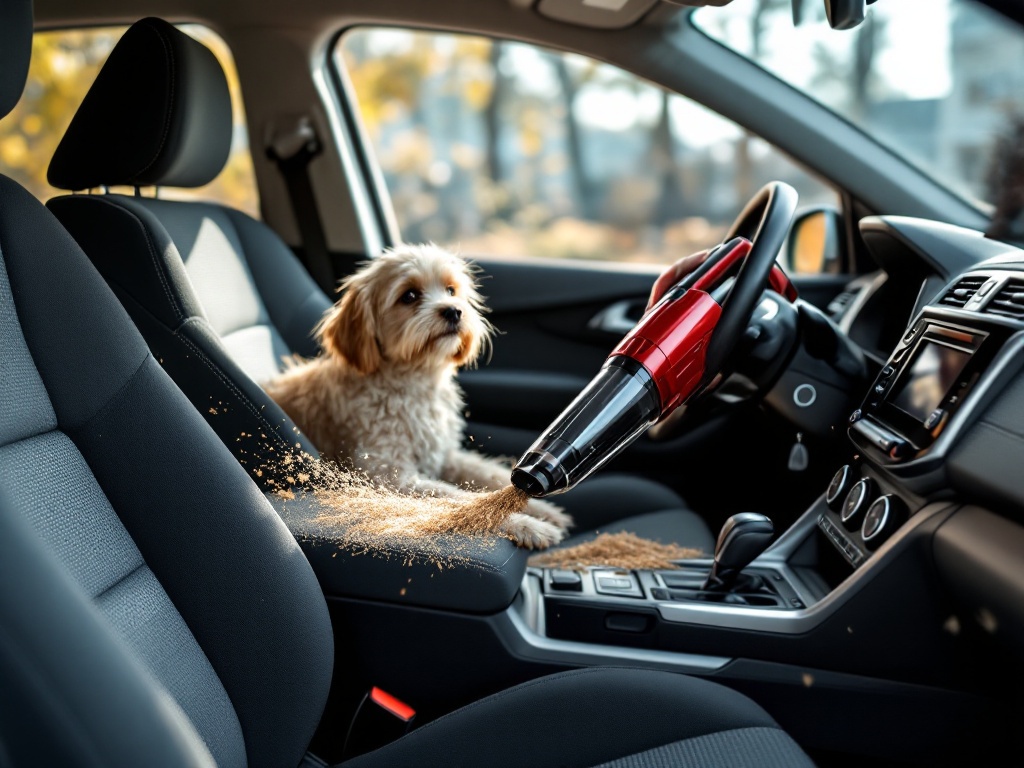 Cordless handheld vacuum cleaning pet hair from car interior with visible debris on seats and floor