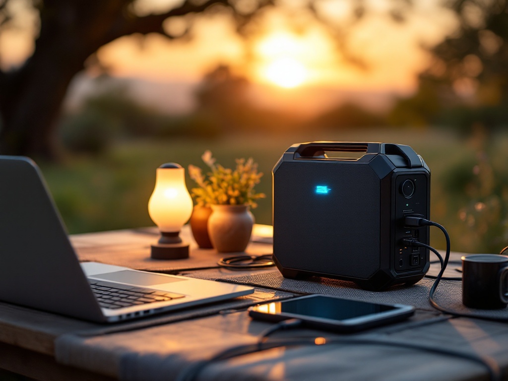 P280 power station on outdoor picnic table powering laptop and devices at sunset with cables connected
