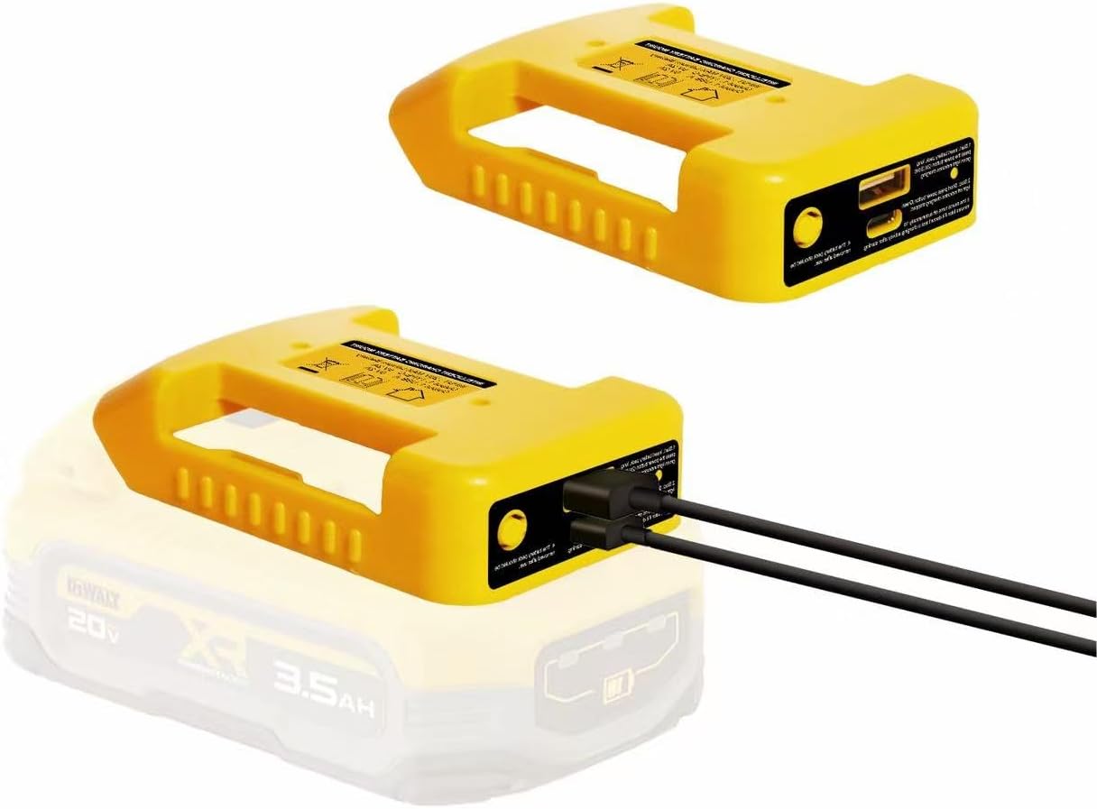 Close-up of DeWalt USB charger adapter showing dual USB-C and USB-A ports with shallow focus on connector details