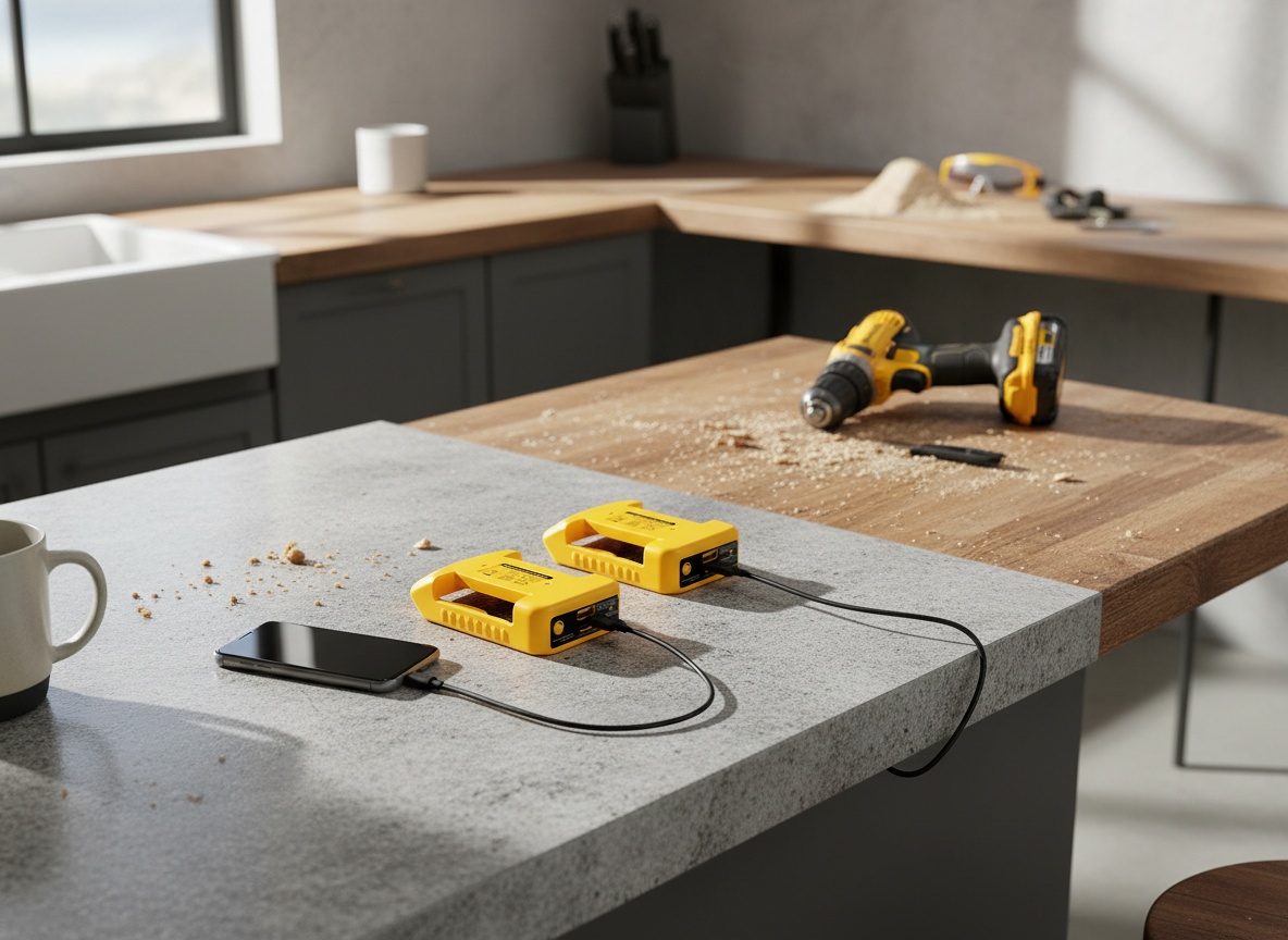 DeWalt USB charger adapter pair displayed on kitchen counter beside charging setup and drill on workbench