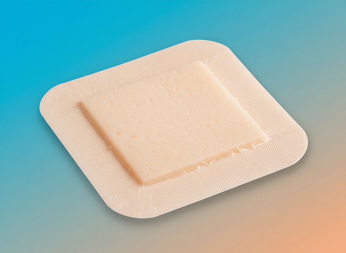 Macro close-up of Dimora foam dressing showing textured foam pad surface and adhesive border in sharp detail