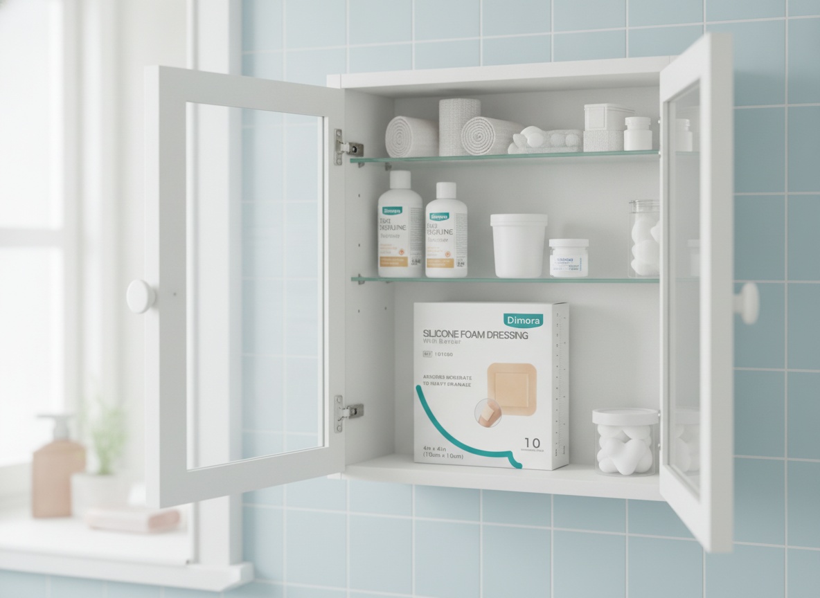 Dimora silicone foam dressing pack displayed on a bathroom medicine cabinet shelf with other first aid items