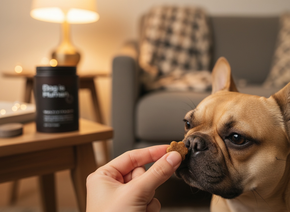 We Finally Found a Multivitamin Walter Loves - Dog Is Human: A person's hand offering a brown soft chew to a French bull