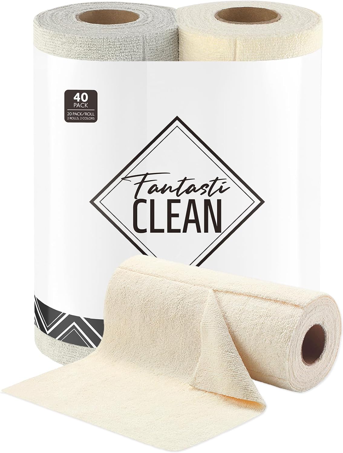 Macro close-up of Fantasticlean kitchen towel sheet showing microfiber weave texture and beige color