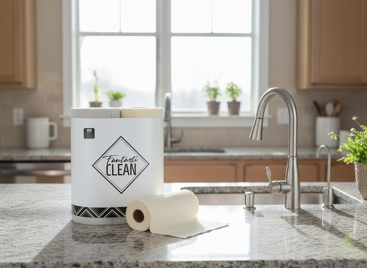 Fantasticlean towel roll on kitchen counter with sink and window-lit kitchen interior in background
