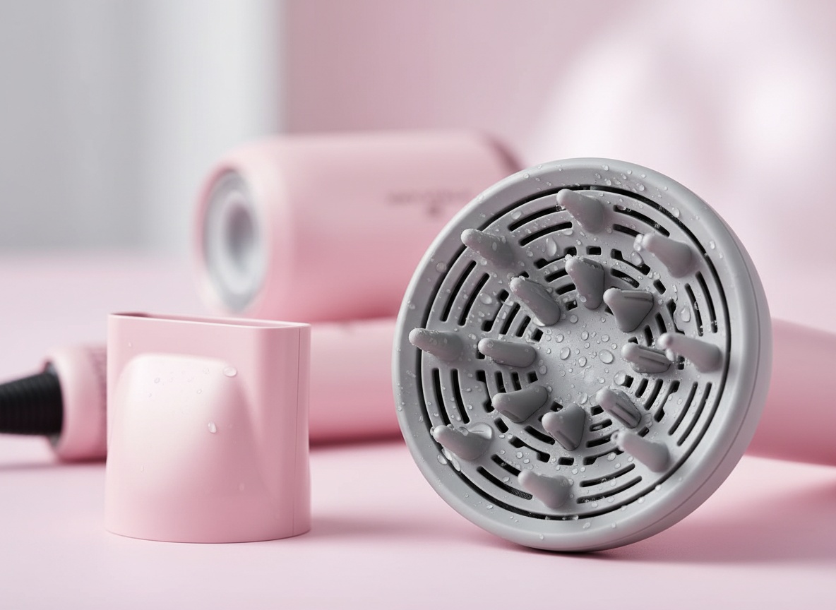 Close-up of Wavytalk Turblow Pro pink hair dryer diffuser attachment with water droplets on bristles