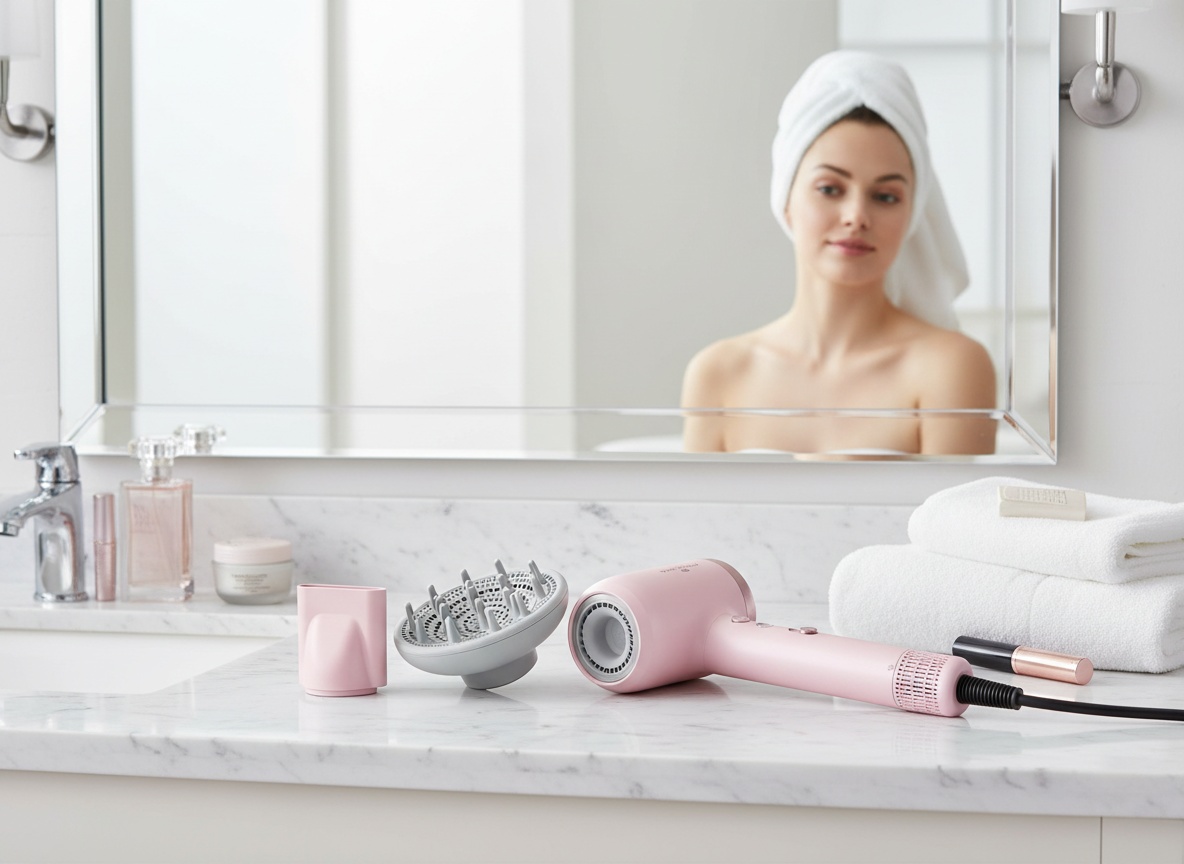 Pink Wavytalk Turblow Pro hair dryer on bathroom vanity counter with woman using it in mirror reflection