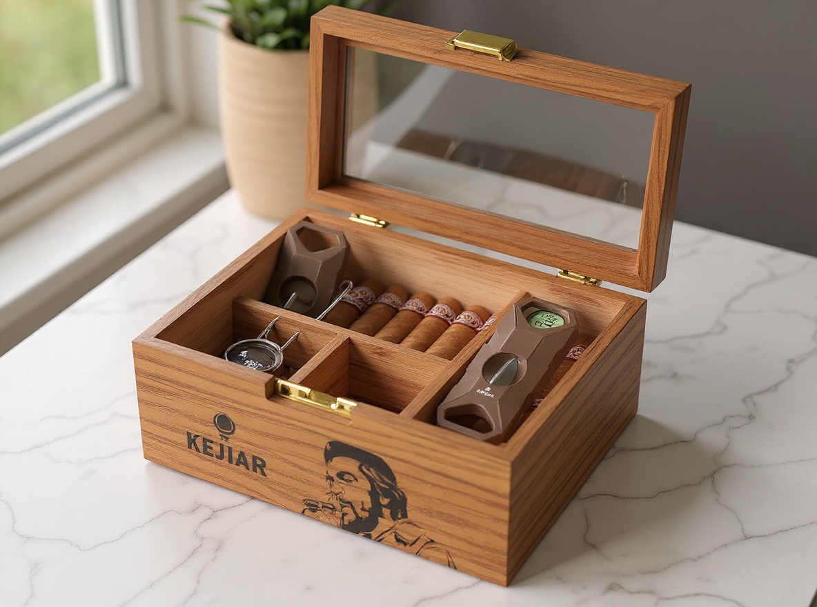 Overhead view of open KEJIAR cigar humidor displaying cedar interior, digital hygrometer, and accessories on marble