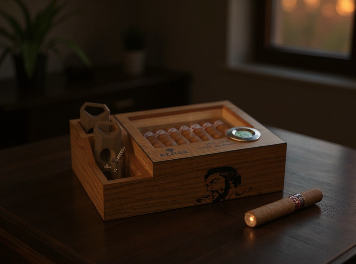 KEJIAR cigar humidor on wooden desk at sunset with lit cigar and golden window light