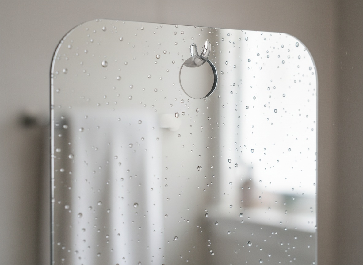 Close-up of Honeybull fogless shower mirror surface with water beads, showing anti-fog acrylic clarity