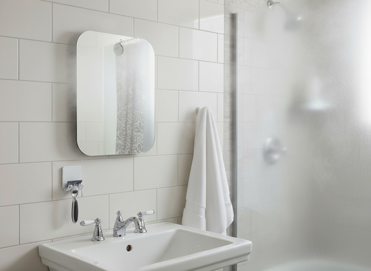 Honeybull shower mirror mounted on bathroom wall above sink in steamy, humid shower environment