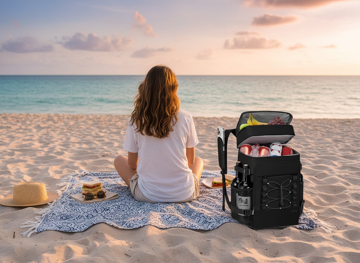 Person wearing MIYCOO cooler backpack at beach picnic with food and blanket spread out